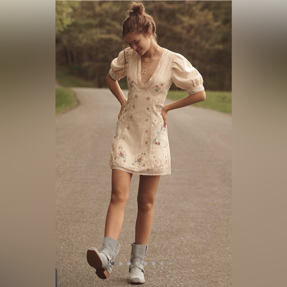 Anthropologie Linen Embroidered V-Neck Mini Dress